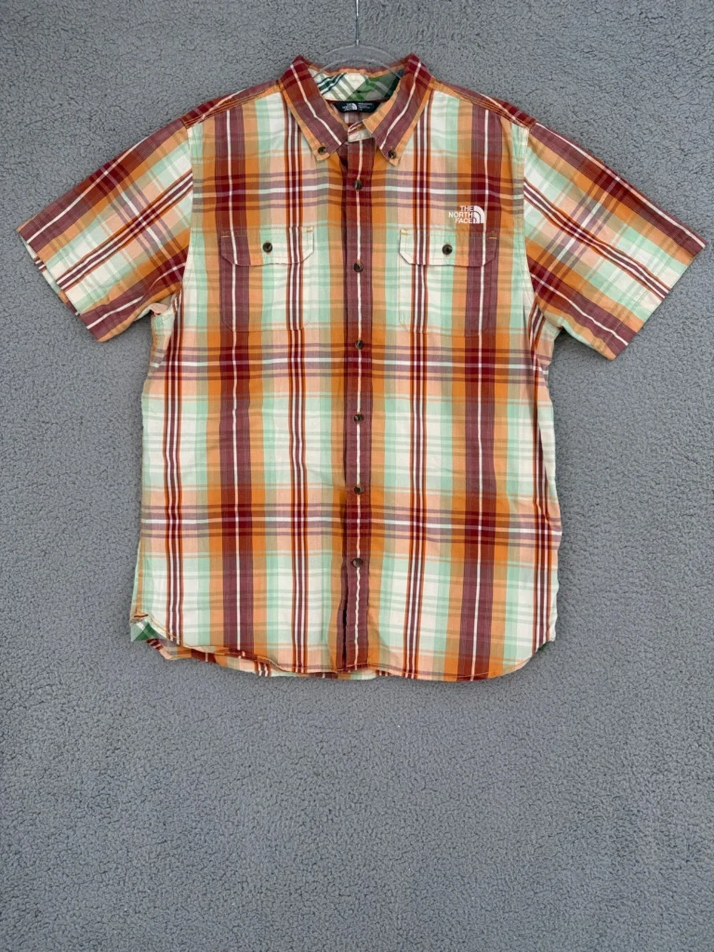 The North Face Men’s Large short sleeve button down shirt Orange Plaid outdoors